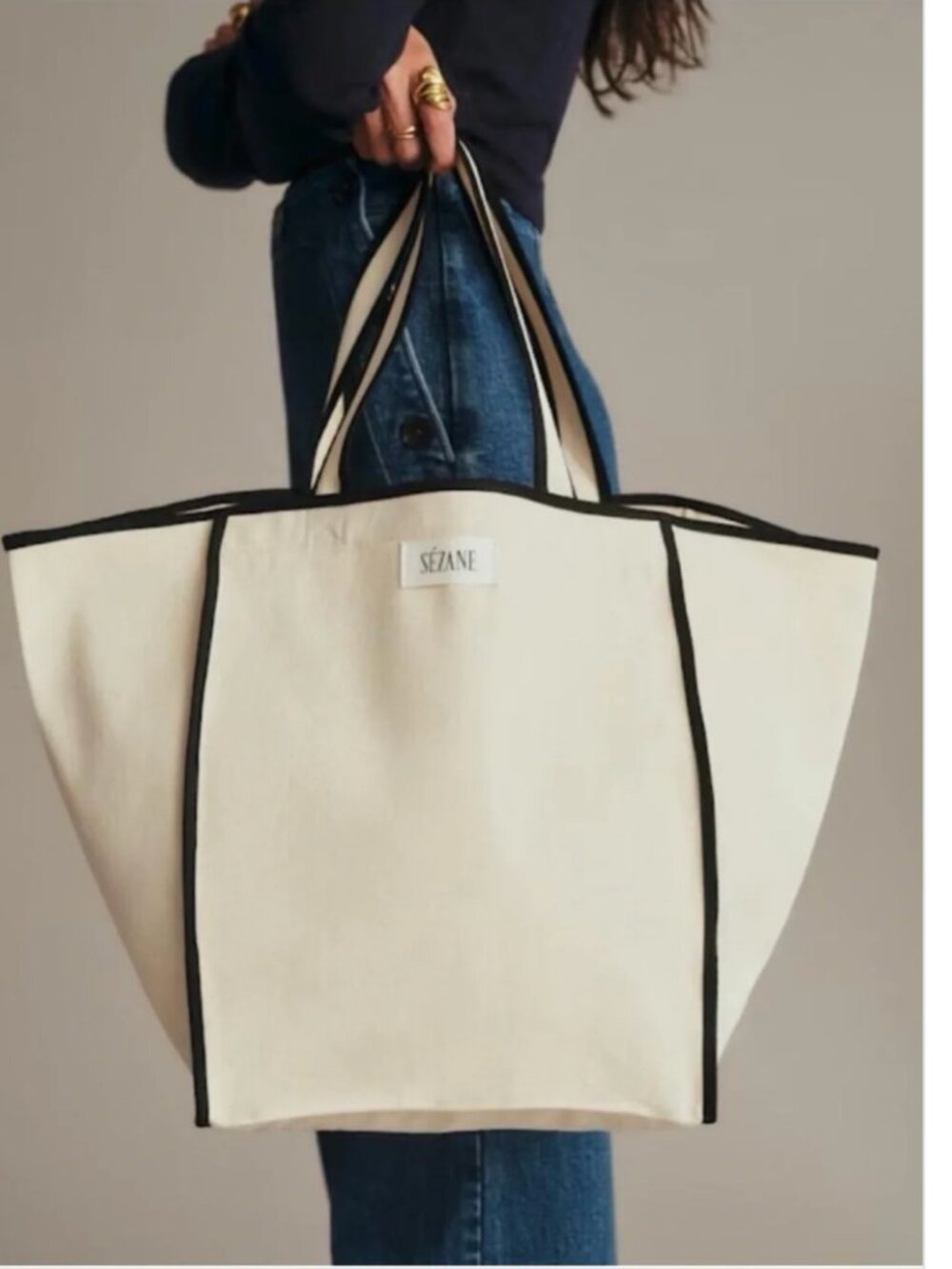 New Sézane cream tote bag with black trim